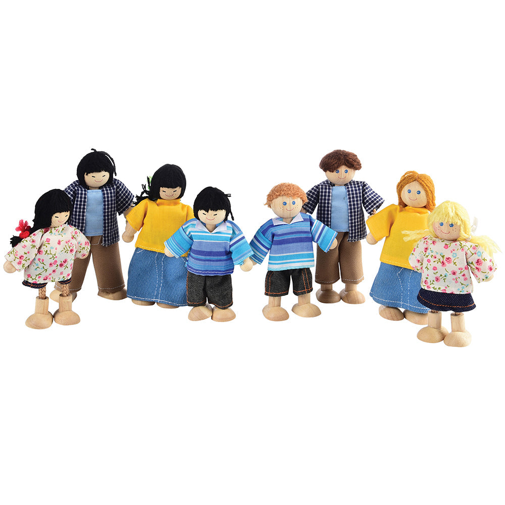Posable Multicultural Asian & Light Skin Wooden Doll Families