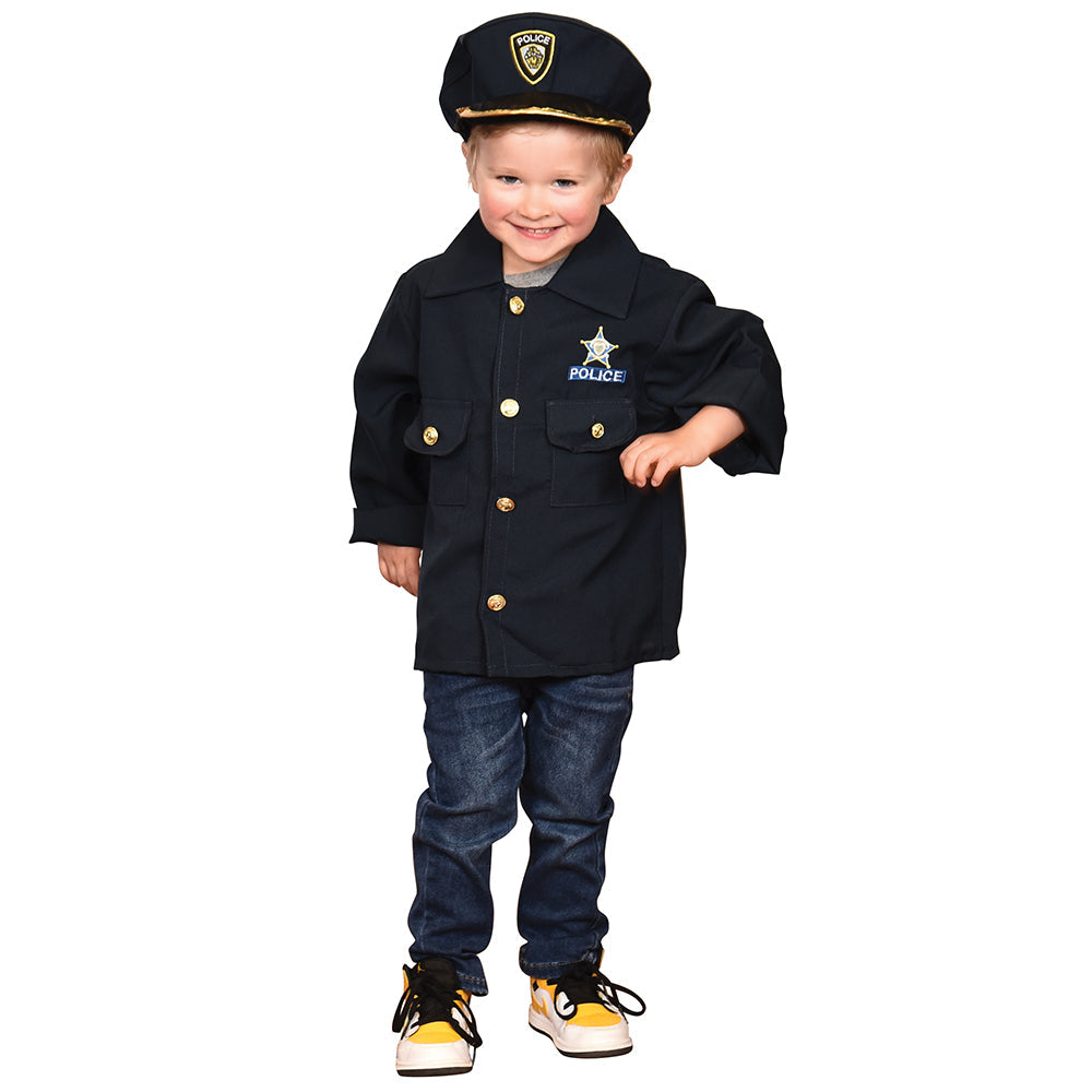 Child in pretend police officer outfit