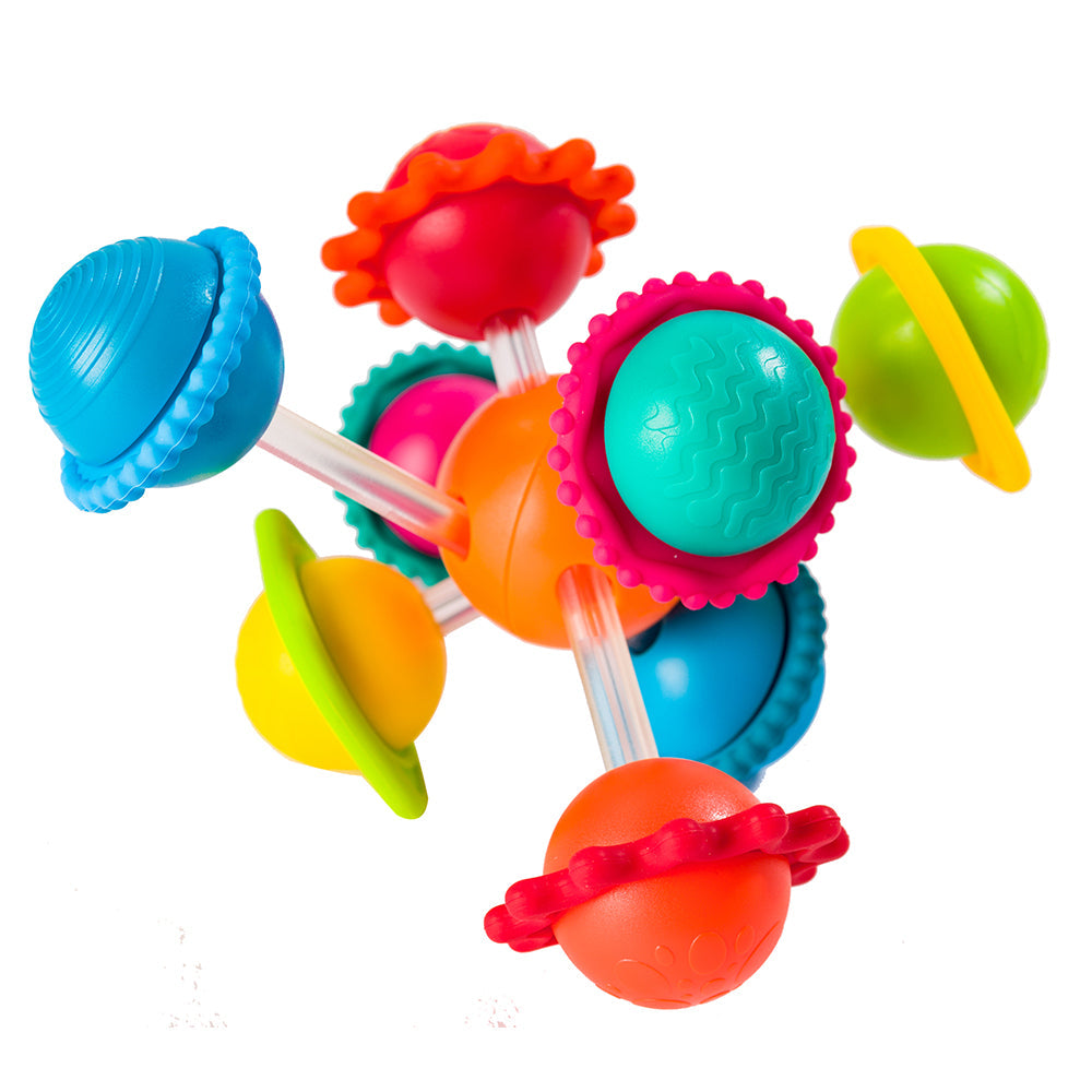 A colorful collection of infant toys with geometric patterns and silicone rings.