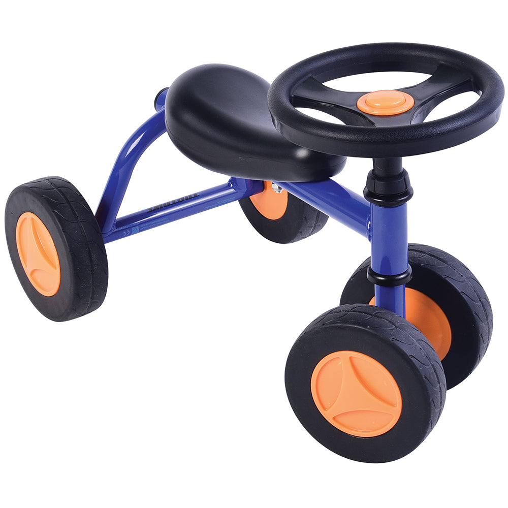 blue trike with black seat and wheels on white background