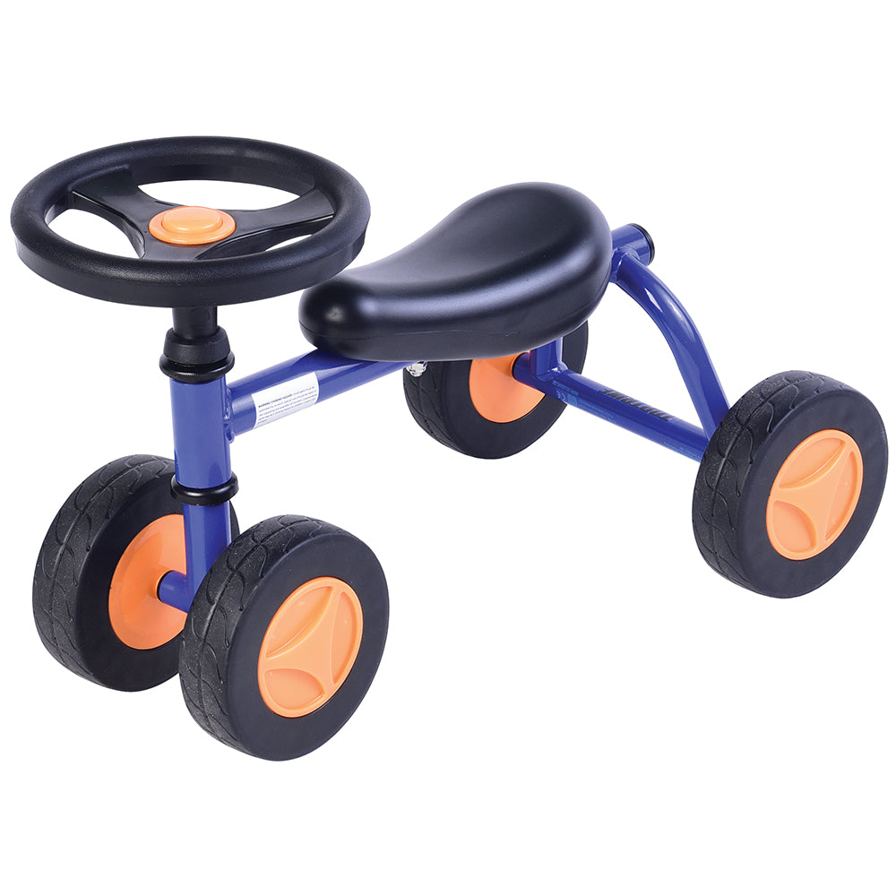 A blue and orange toddler trike with a black seat and steering wheel, and four wheels.