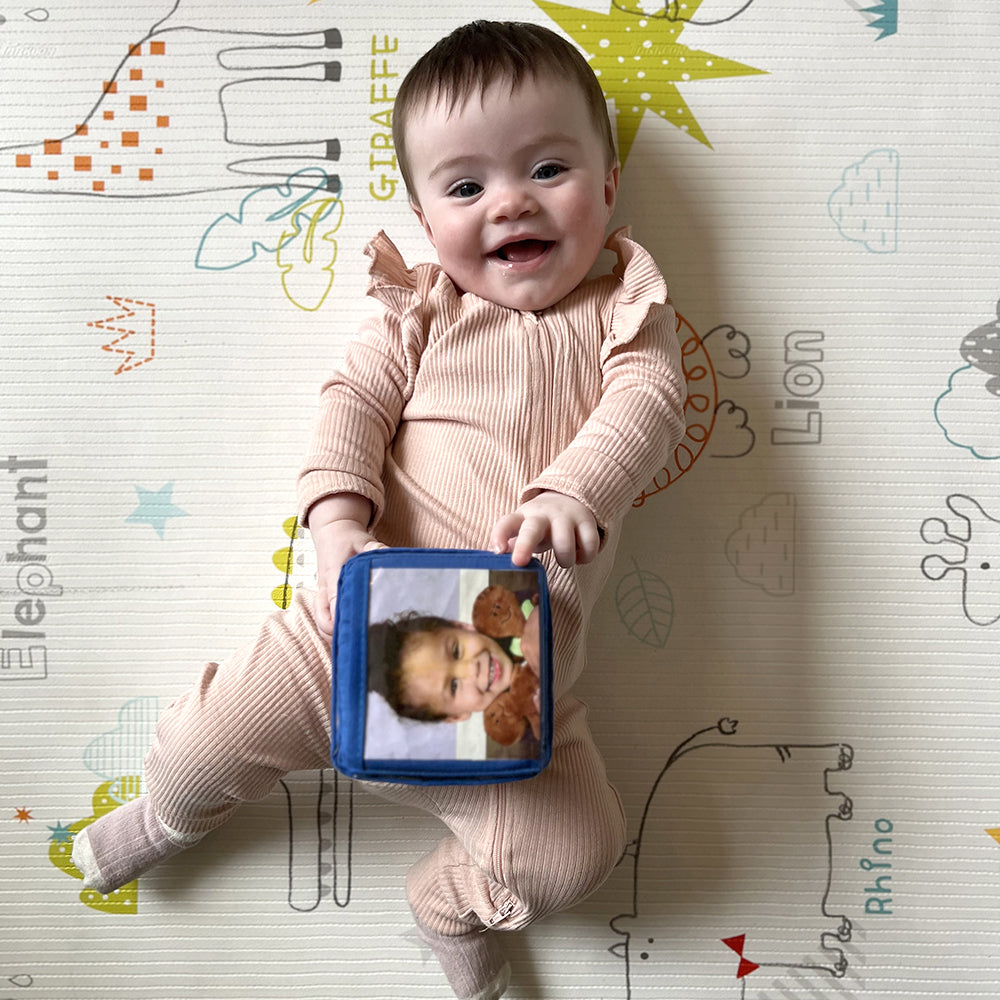 Happy baby With Blue Photo Block