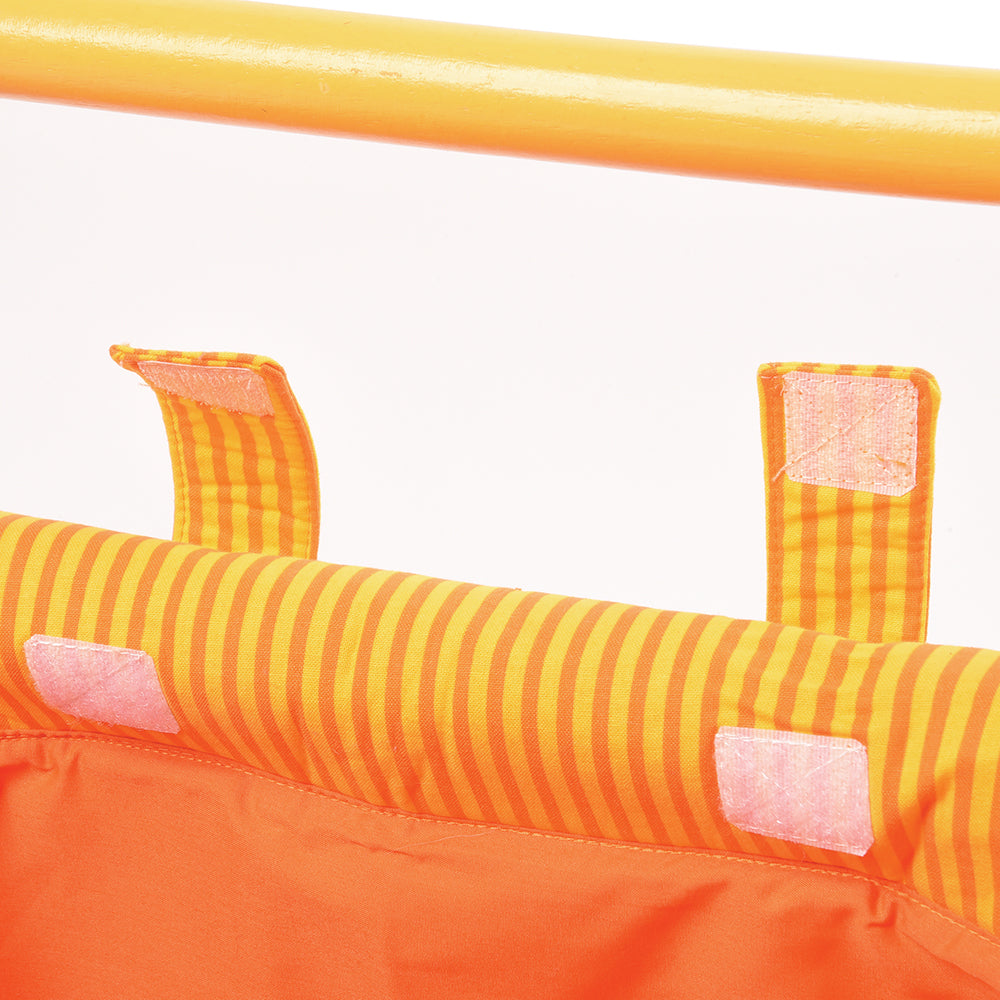 Close-up of Hook & Loop Closures on Beginner's Wooden Push Buggy with Safe Storage