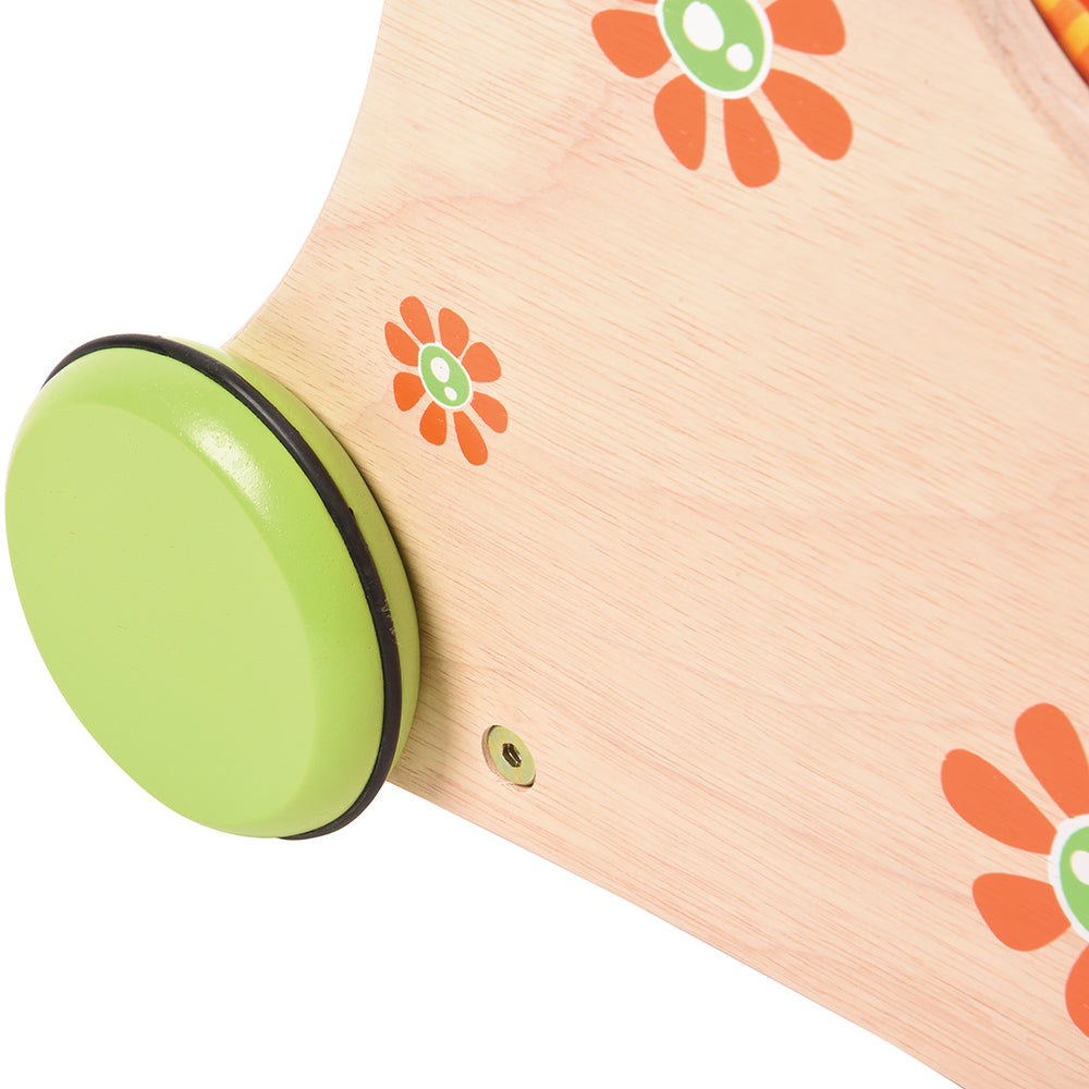 Close-up of Wheels on Beginner's Wooden Push Buggy