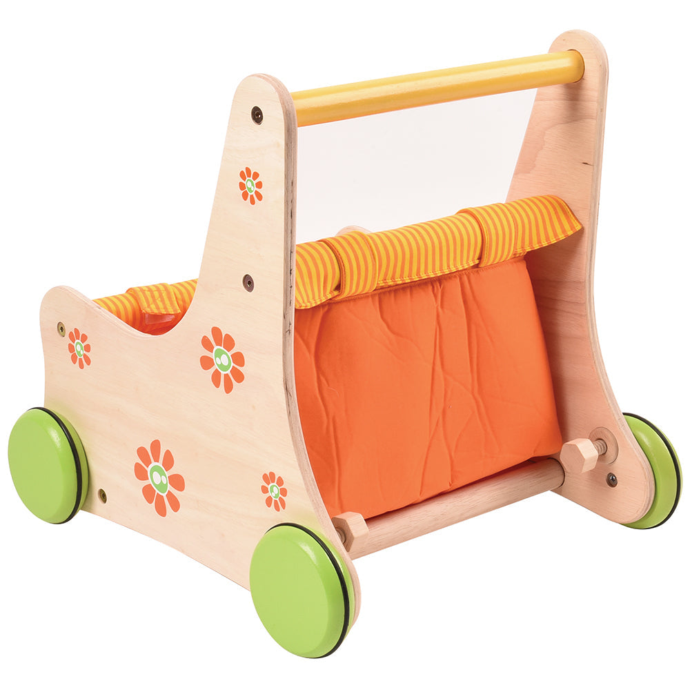 Back View of Beginner's Wooden Push Buggy with Safe Storage