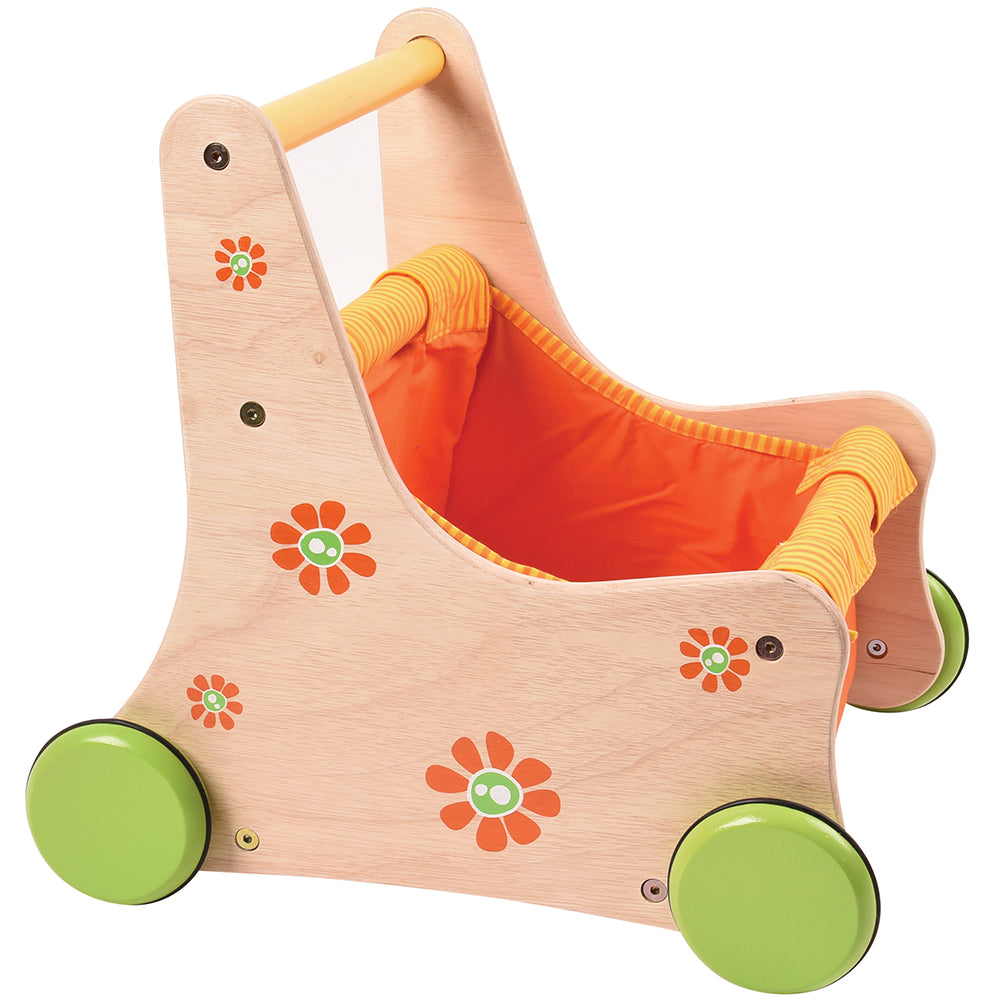 Side View of Beginner's Wooden Push Buggy with Safe Storage