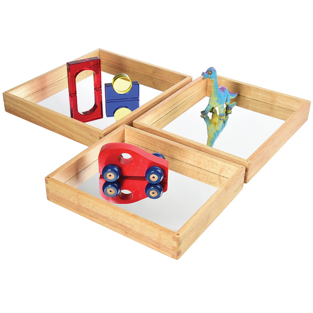 Reflective Observation Trays | Set of 3 Double-Sided Mirrored Wooden Trays for Exploring Light, Shadows & Structures