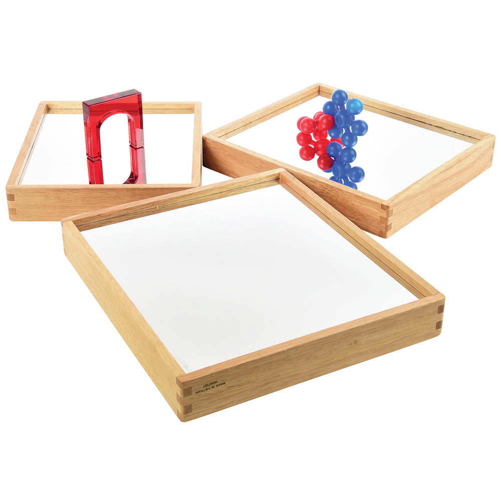 Reflective Observation Trays | Set of 3 Double-Sided Mirrored Wooden Trays for Exploring Light, Shadows & Structures