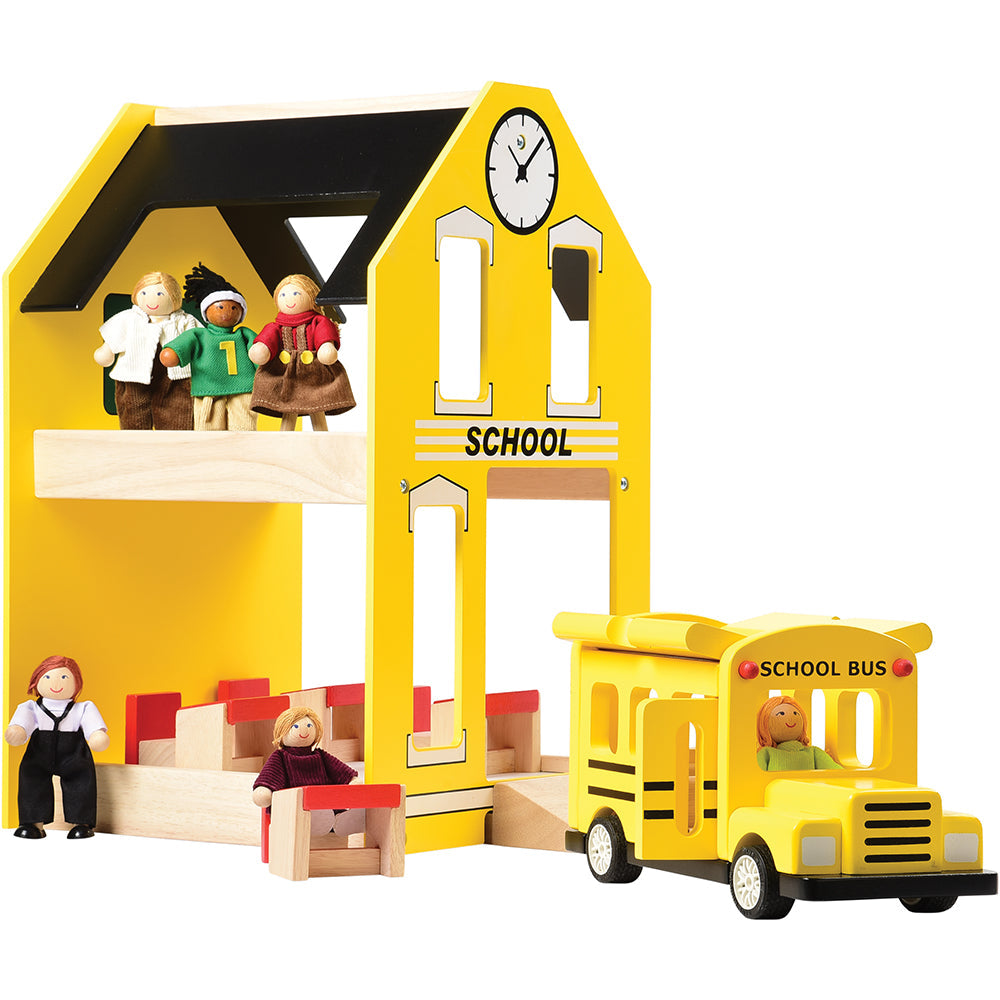 Let's Play School Wooden Playset with Bus & School House