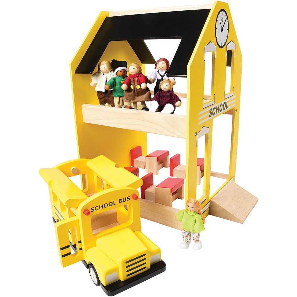 Let's Play School Wooden Playset with Dolls & Bus