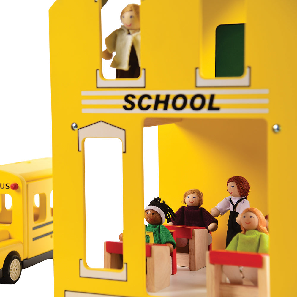 Wooden School House with Desks & Dolls