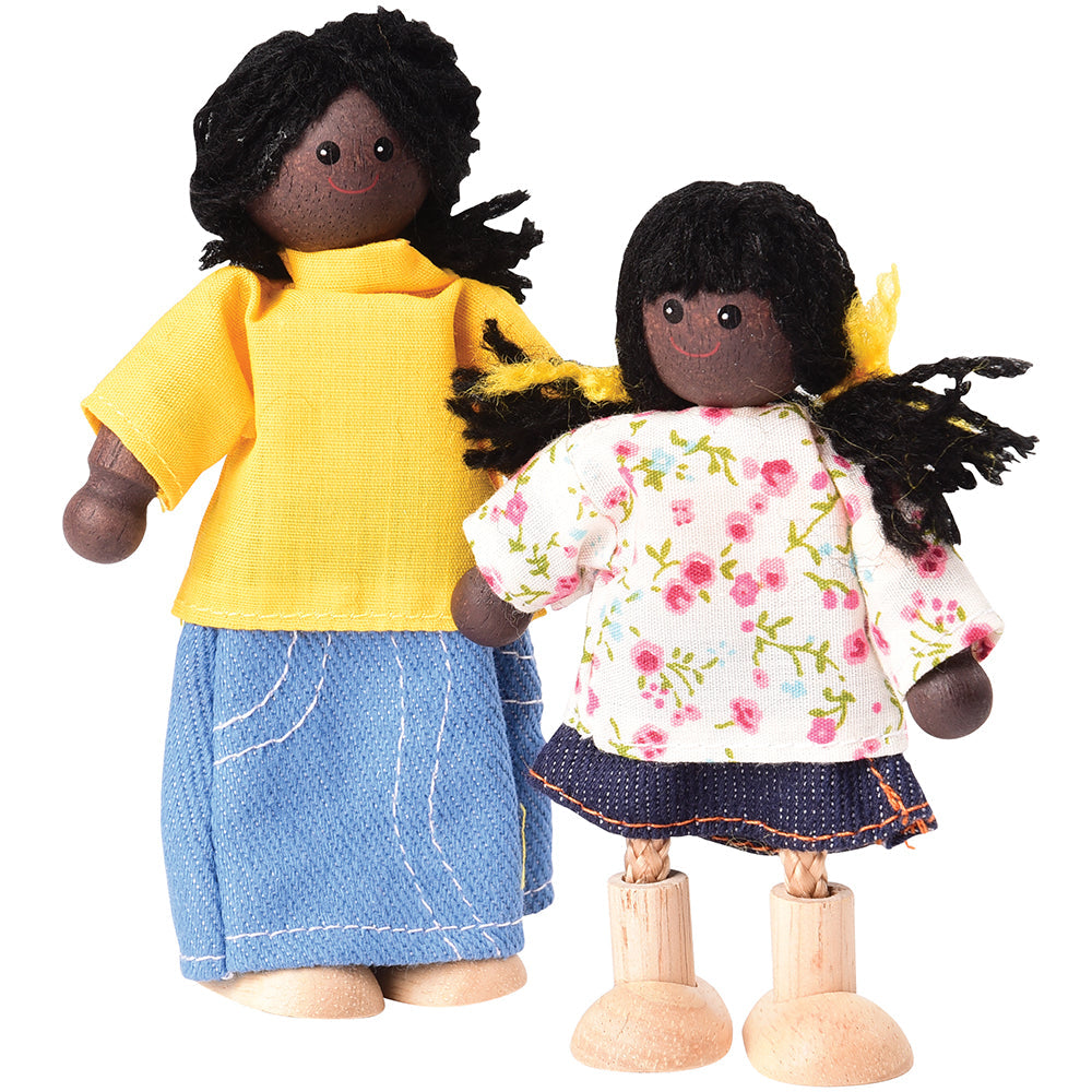 Posable Dark Skin Family Wooden Mother & Daughter Dolls