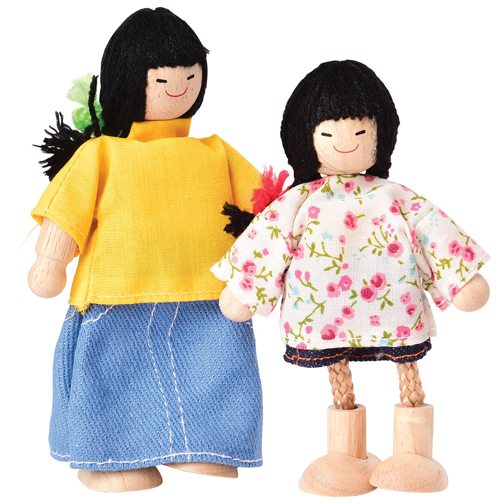 Posable Asian Family Wooden Mother & Daughter Dolls