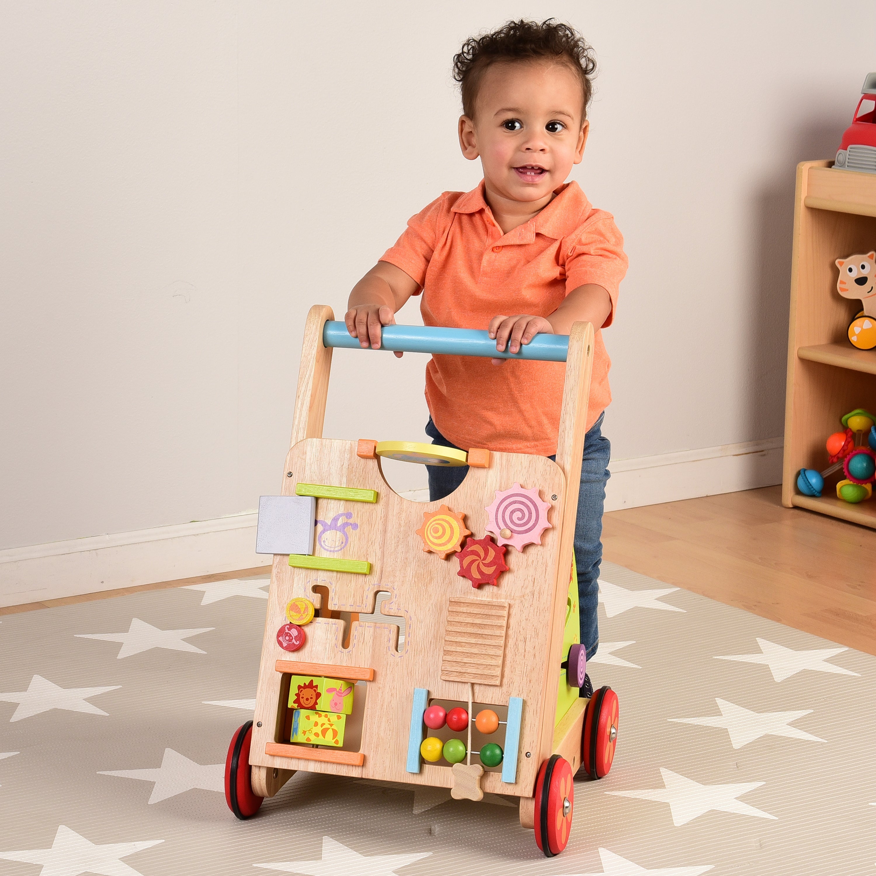 Solid Wood Activity Walker | Sensory Exploration with Spinning Mirror & Gears & Mazes