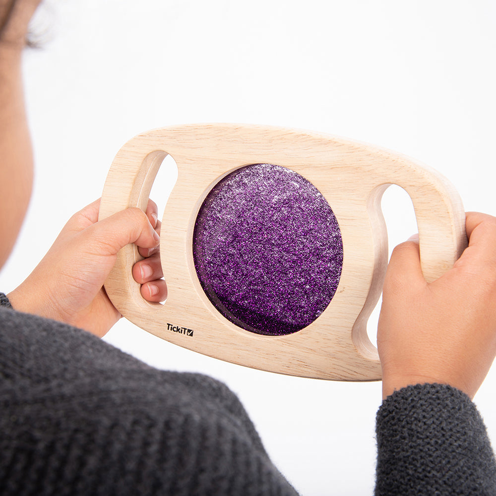 Purple Glitter Sensory Panel Easily Held by Toddler