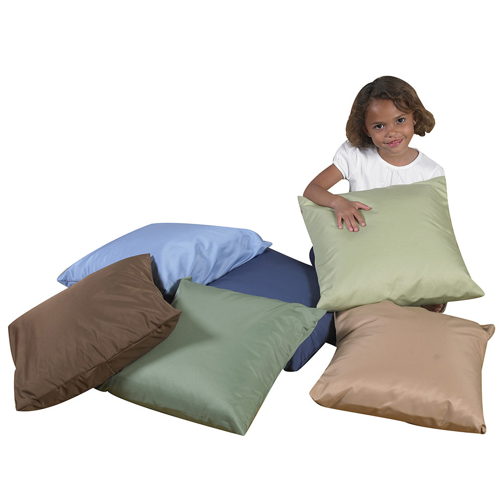 Child Surrounded by Set of 6 Natural & Calm Colors Classroom Pillows