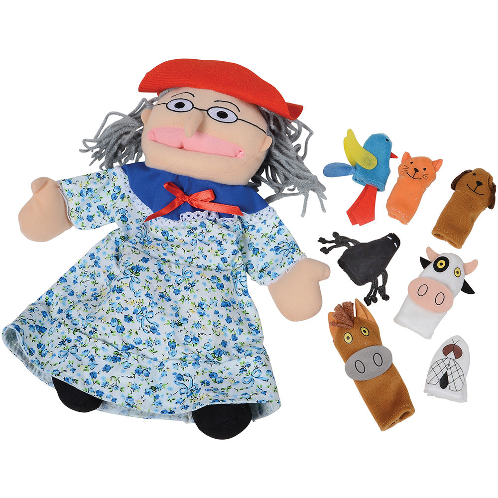 There Was an Old Lady Storytelling Puppet & Prop Set | 8-Piece Doll and Finger Puppet Kit