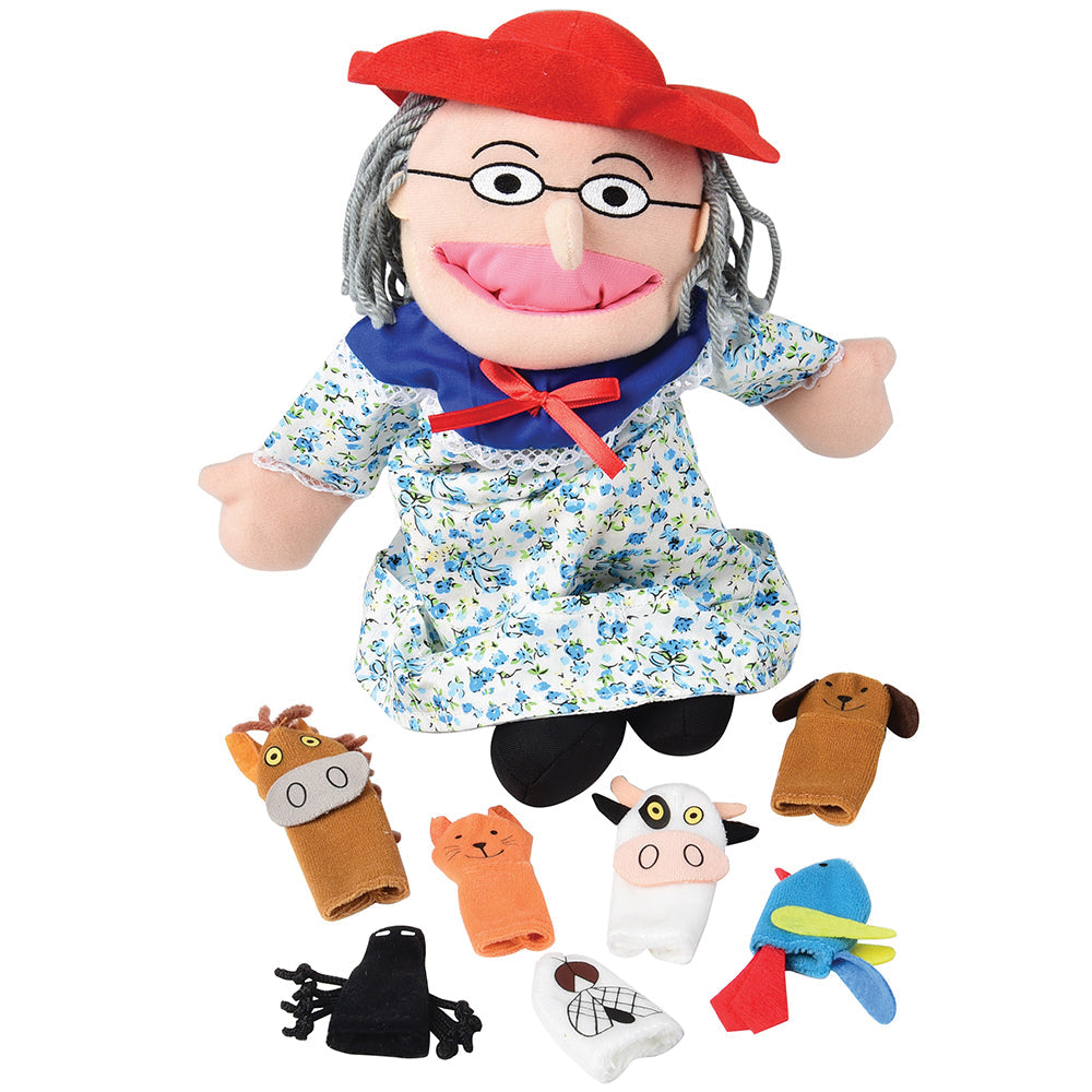 There Was an Old Lady Storytelling Puppet & Props Set | 8-Piece Doll and Finger Puppet Kit