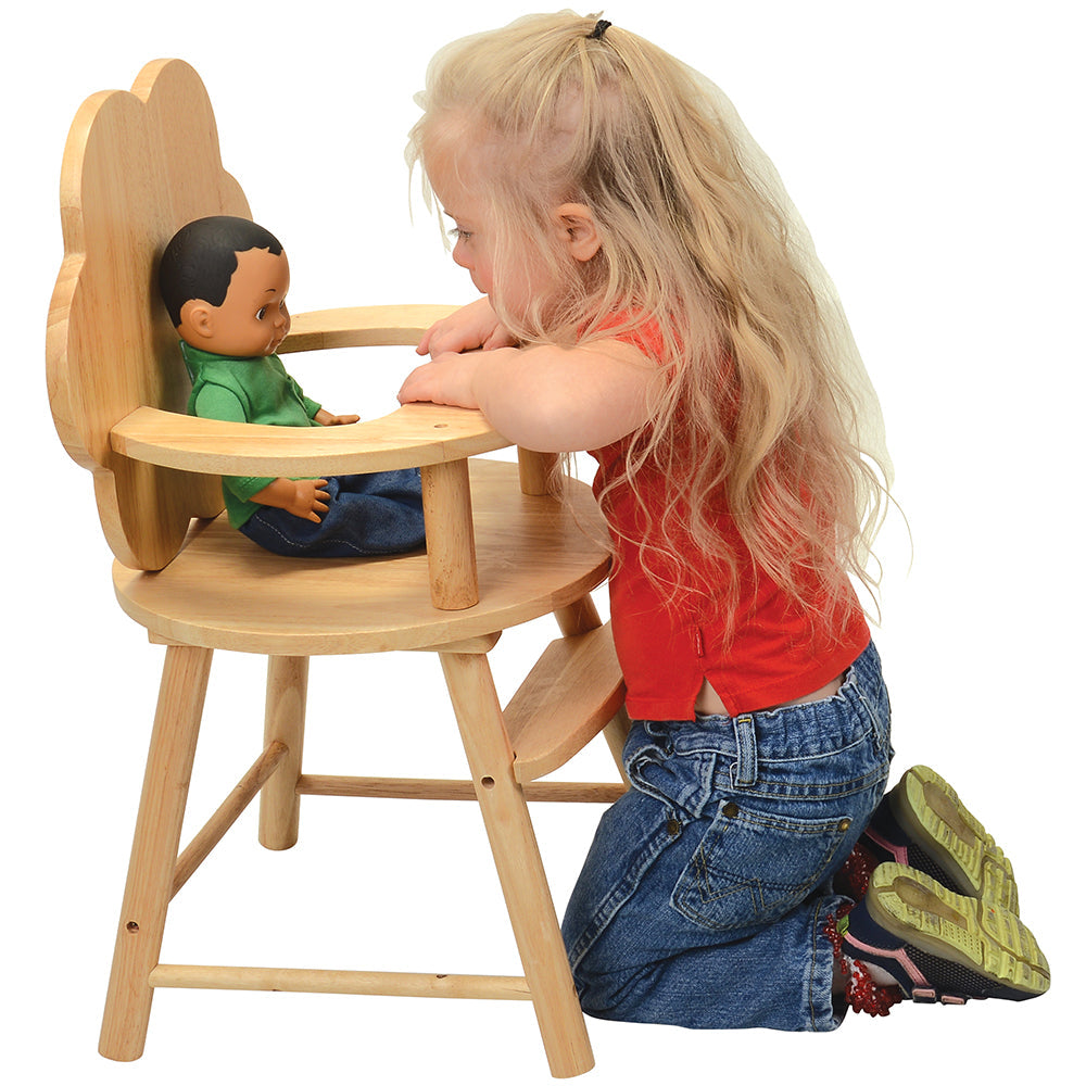 Little Girl Playing with Doll in Hardwood Doll High Chair with Scalloped Back