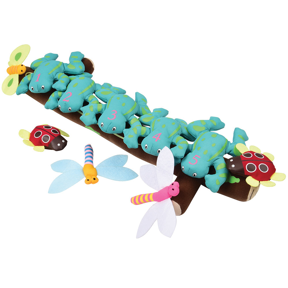 Five Green & Speckled Frogs Velcroed To A Plush Log