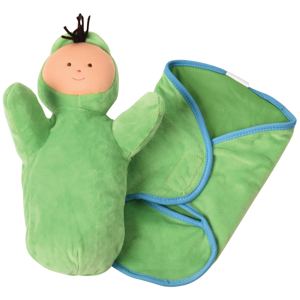 Multiculturally Diverse Soft Baby Doll in Matching Green Blanket