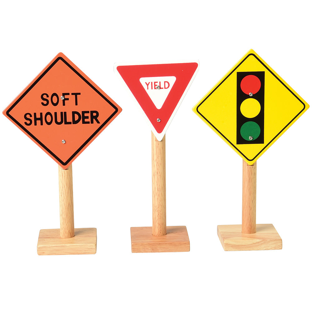 Close-up of 3 Large Wooden International Traffic Signs