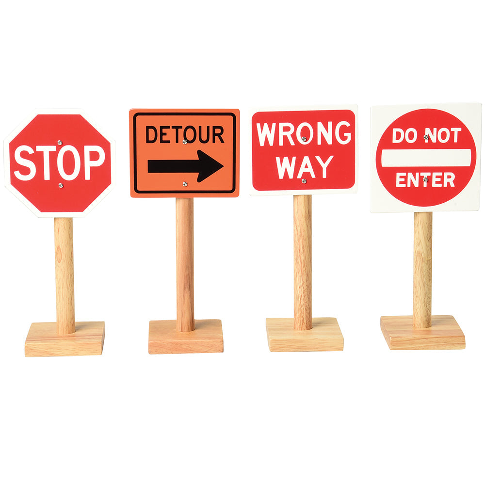 Close-up of 4 Large Wooden International Traffic Signs