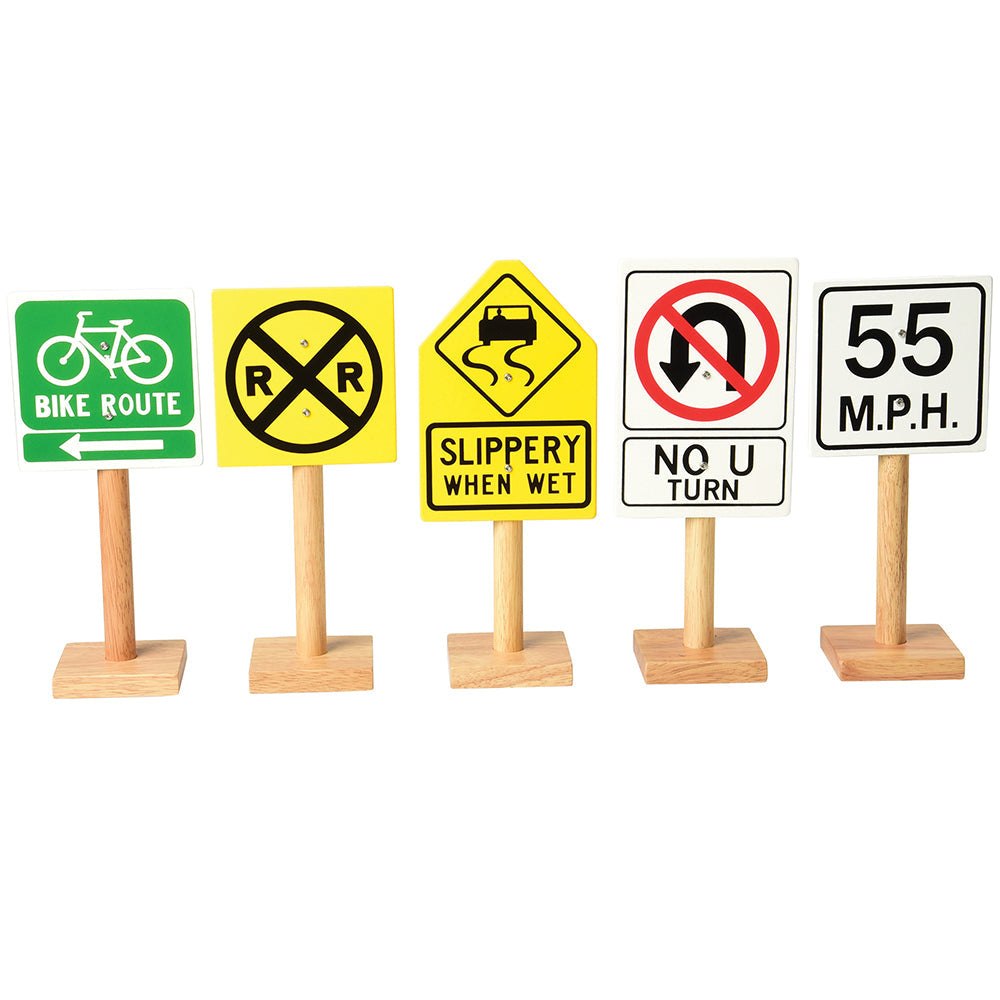 Close-up of 5 Large Wooden International Traffic Signs