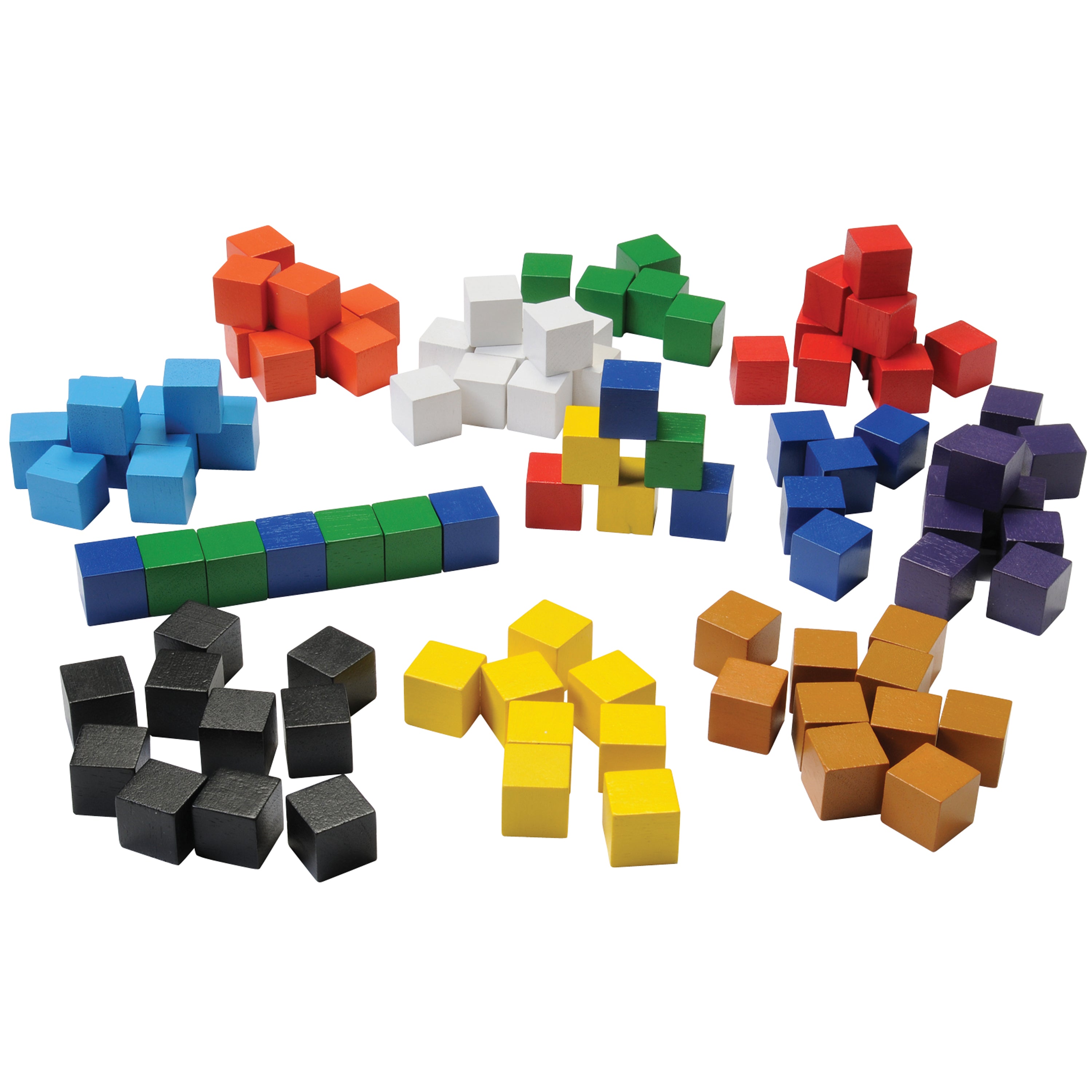 A collection of multicolored cubical counting blocks scattered across a surface.