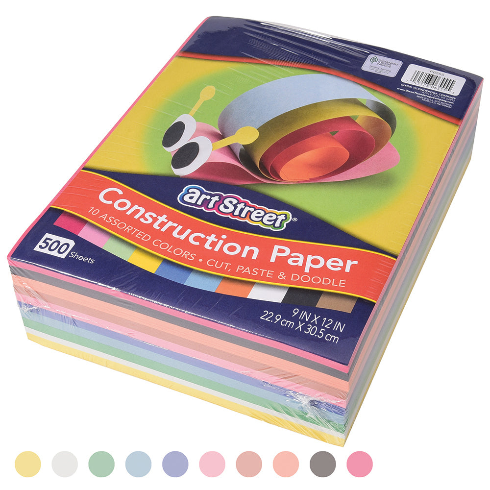 A stack of Art Street brand construction paper in assorted colors, with the packaging showing the paper being used for crafting.