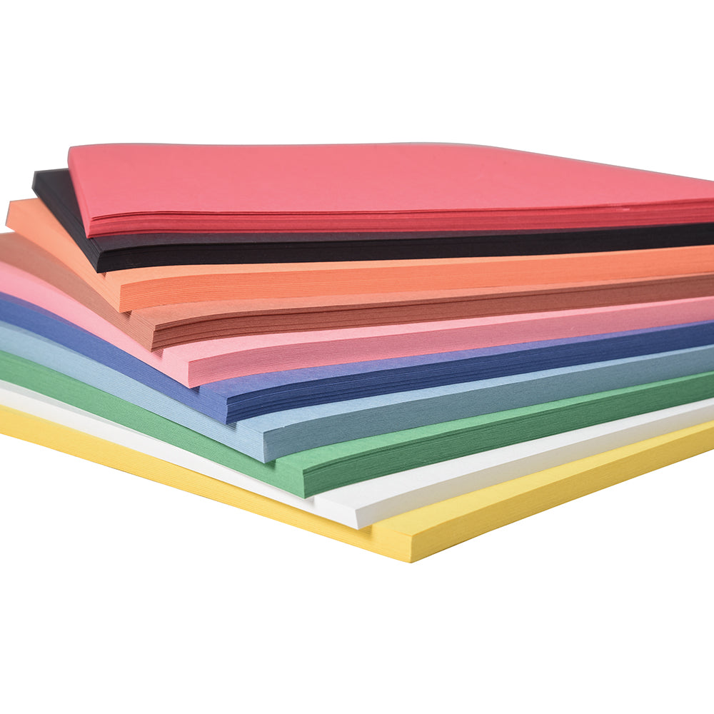 A stack of assorted construction paper sheets, with colors including red, pink, blue, green, yellow, orange, and black.