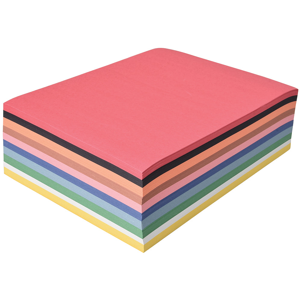A stack of assorted construction paper sheets, with colors including red, pink, blue, green, yellow, orange, and black.