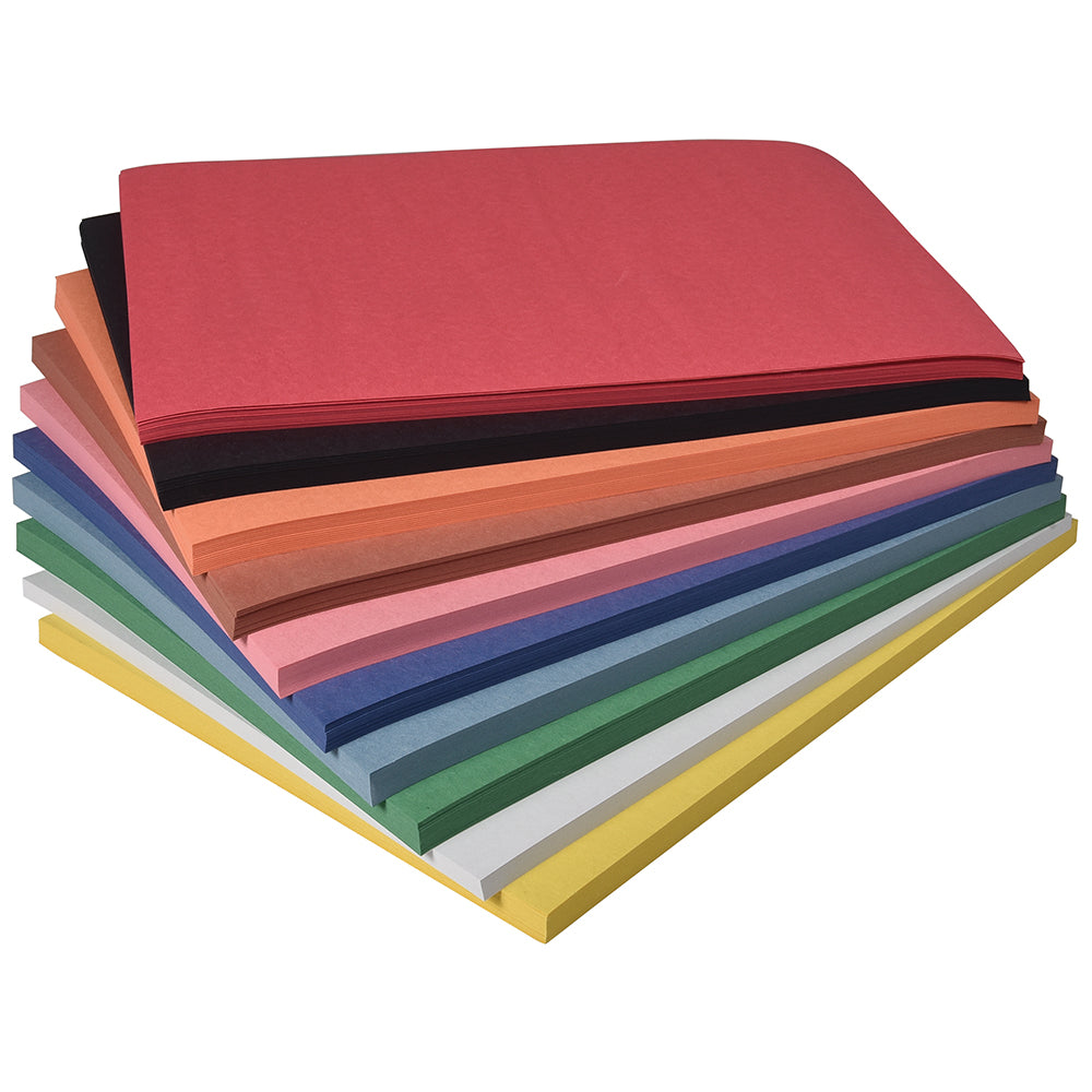 A stack of assorted construction paper sheets, with colors including red, pink, blue, green, yellow, orange, and black.