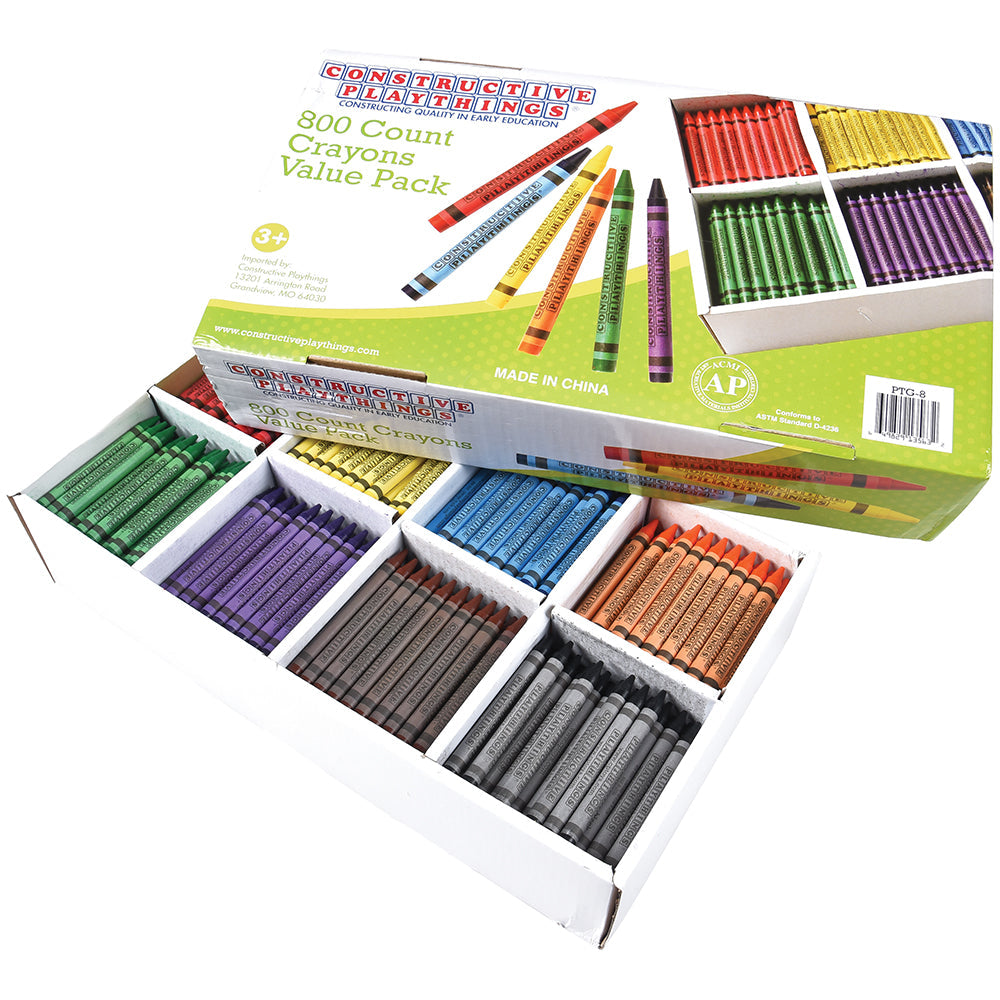 A box of Constructive Playthings® Crayon Value Pack with multiple compartments, containing various colors of crayons.