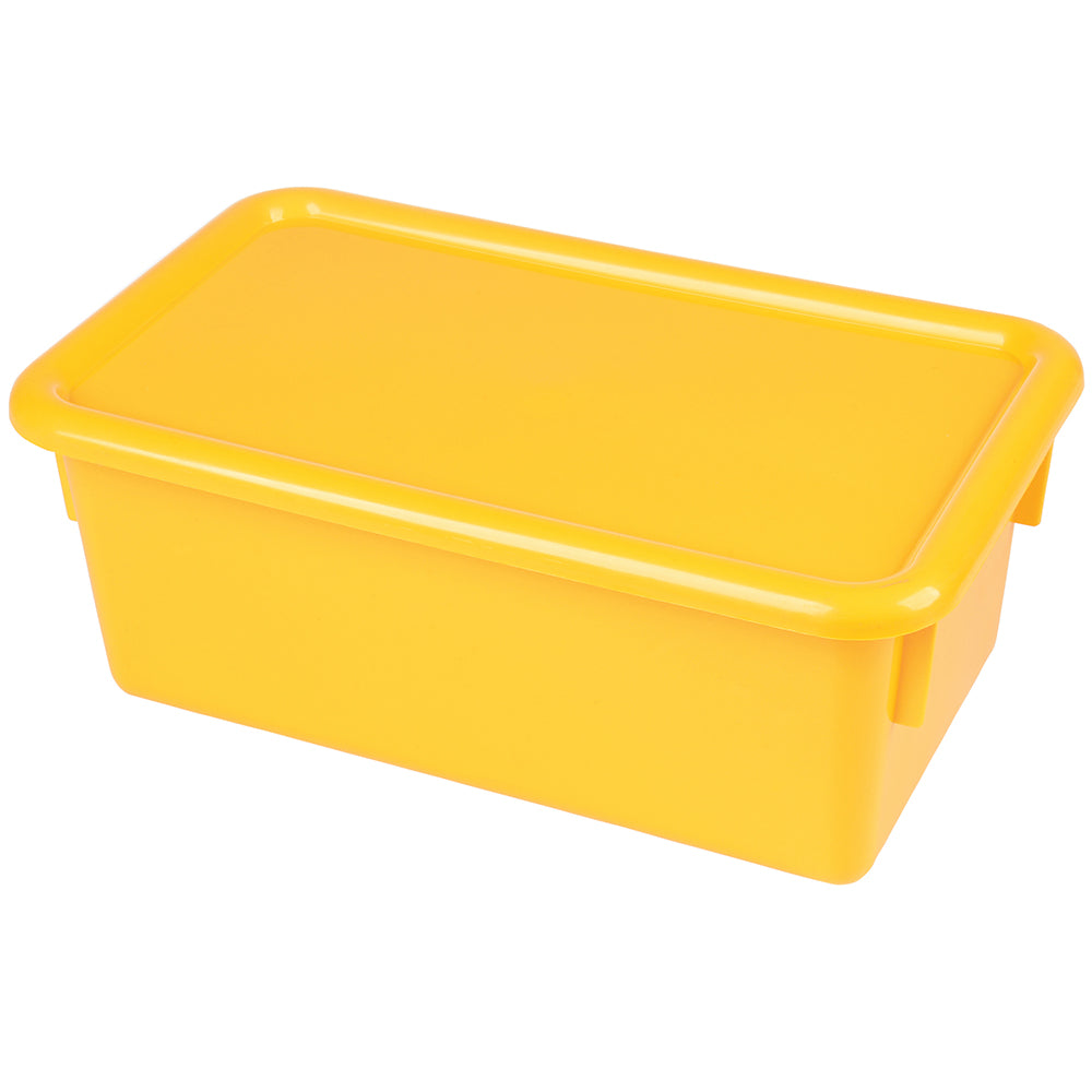 A yellow plastic tote box with a lid on top, designed for storage and organization.