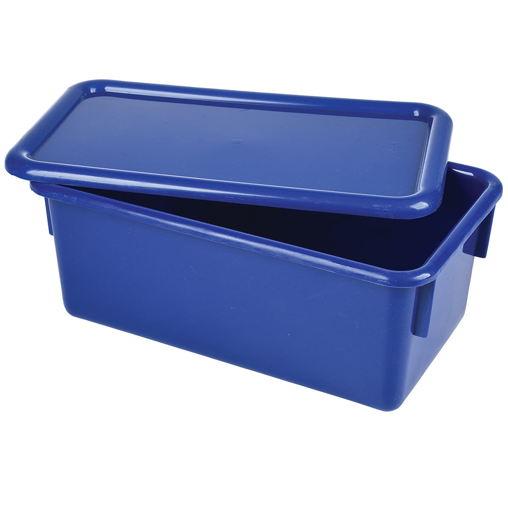 A blue plastic tote box with a lid on top, designed for storage and organization.