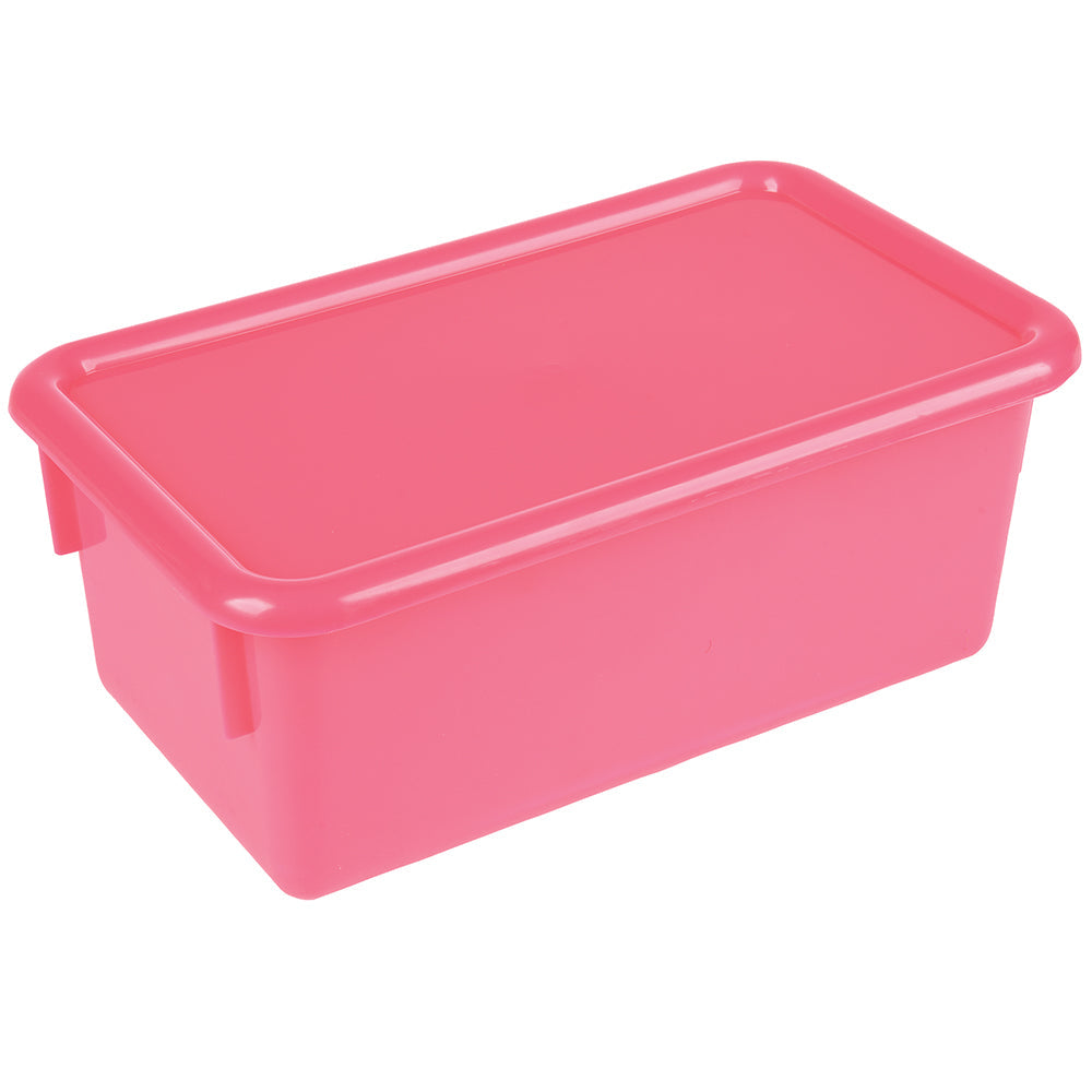 A pink plastic tote box with a lid on top, designed for storage and organization.