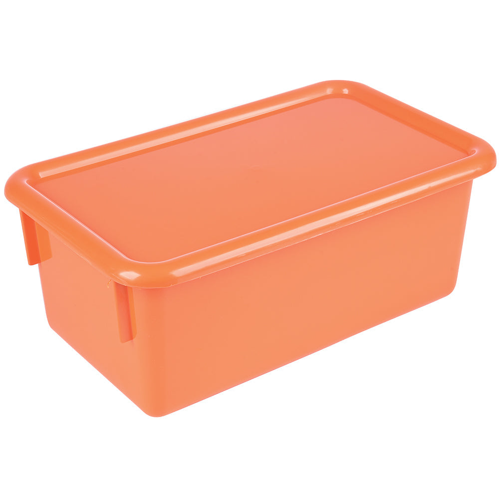 A orange plastic tote box with a lid on top, designed for storage and organization.