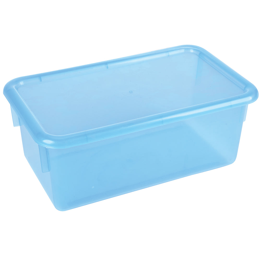 A clear blue plastic tote box