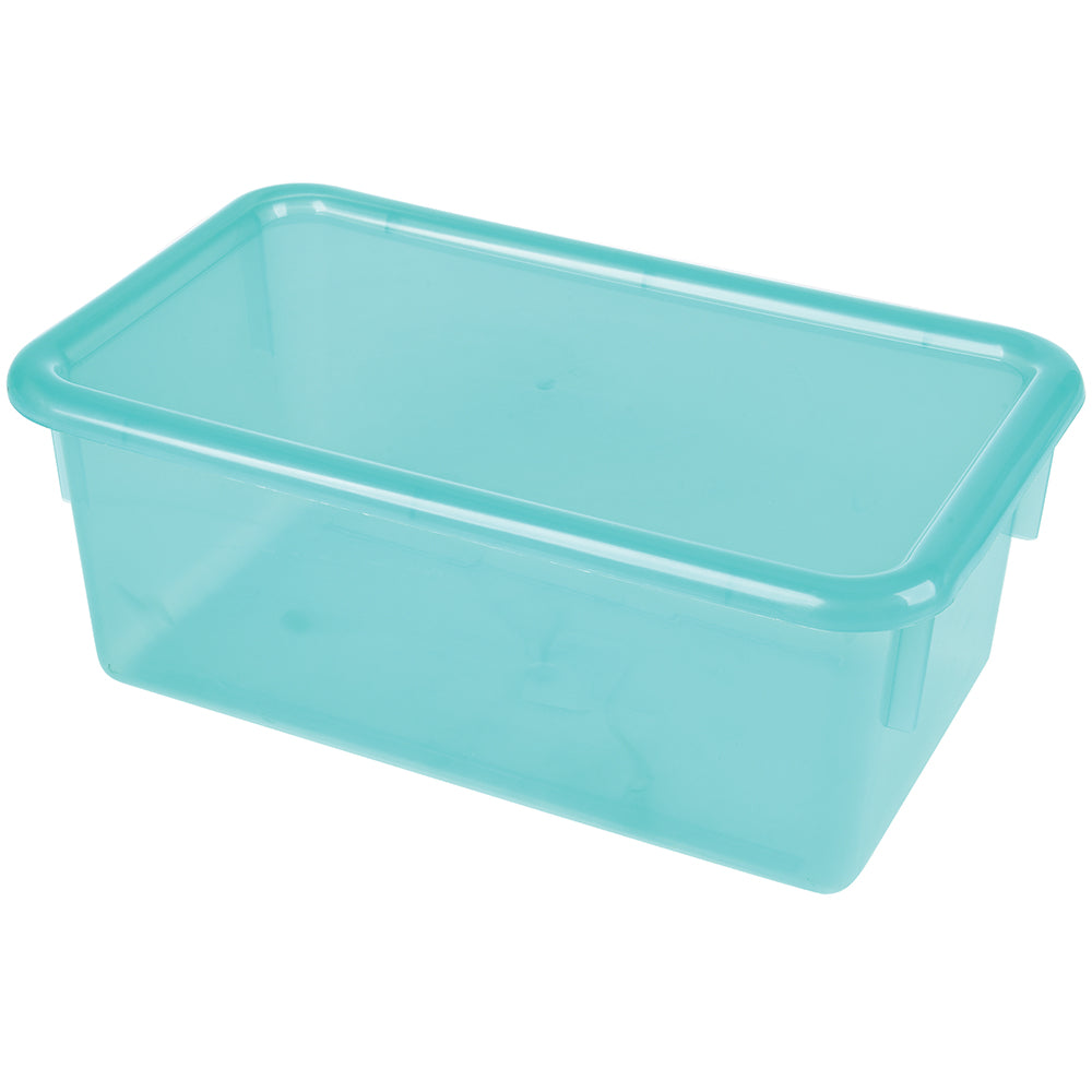 A clear turquoise plastic tote box with a lid