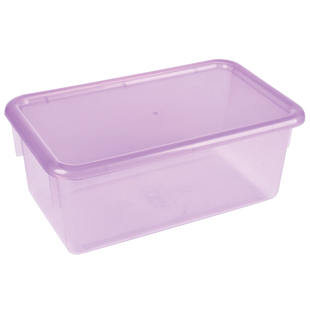 A clear purple plastic tote box with a lid