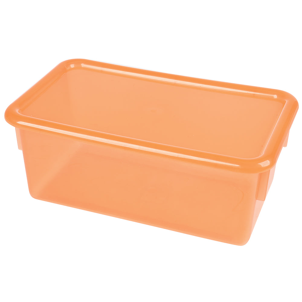 A clear orange plastic tote box with a lid