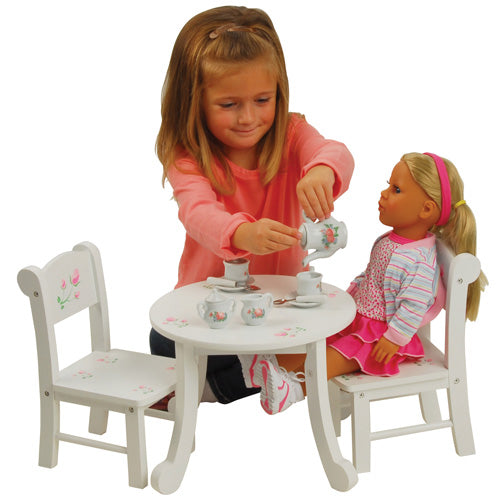 Kid Interacting with Wooden Doll Table & Chair Set with Floral Design | Ideal for 18" Doll Tea Parties