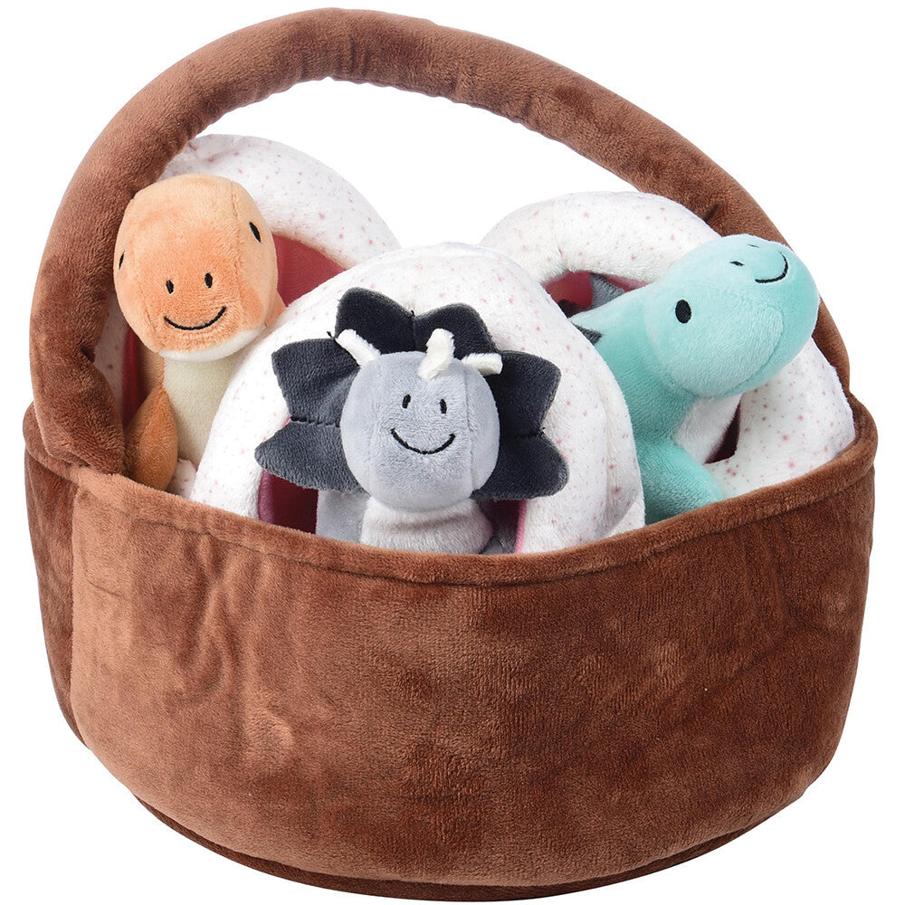 Three Plush Dinos in Eggs Inside Plush basket