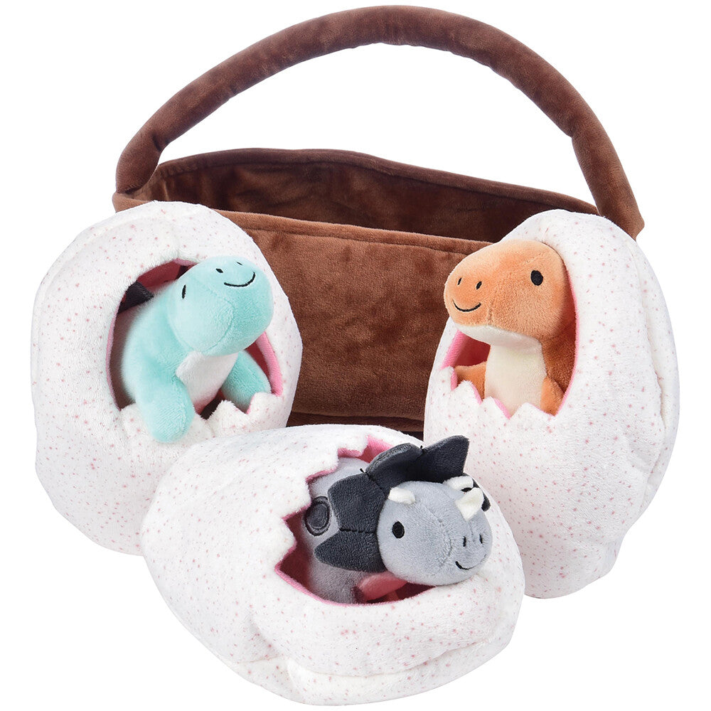 Basket with Three baby Dinosaurs in Their Plush Eggs
