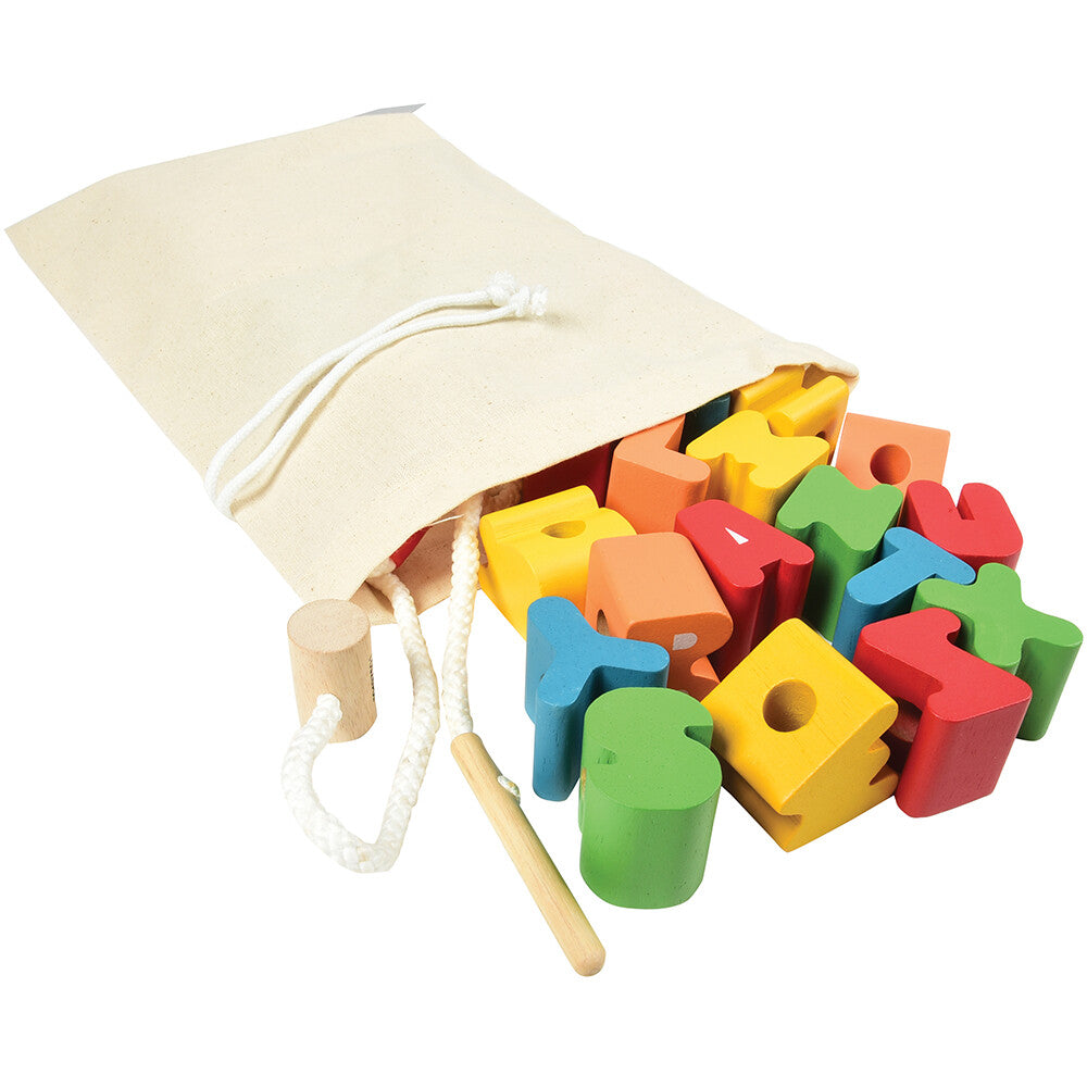 Jumbo Wooden Alphabet Lacing Beads Set with Cloth Storage Bag