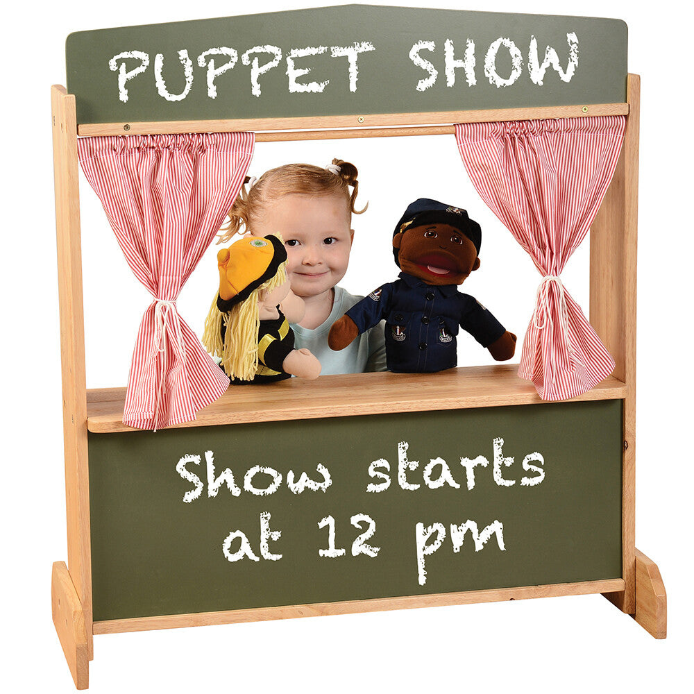 Child using Two Hand Puppets with Wooden Puppet Stage