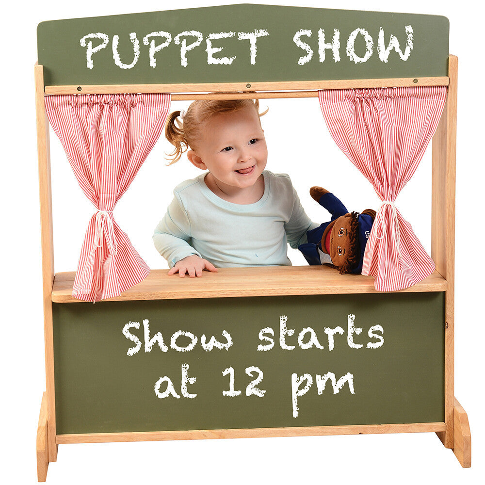 Child and Hand Puppet with Wooden Puppet Stage