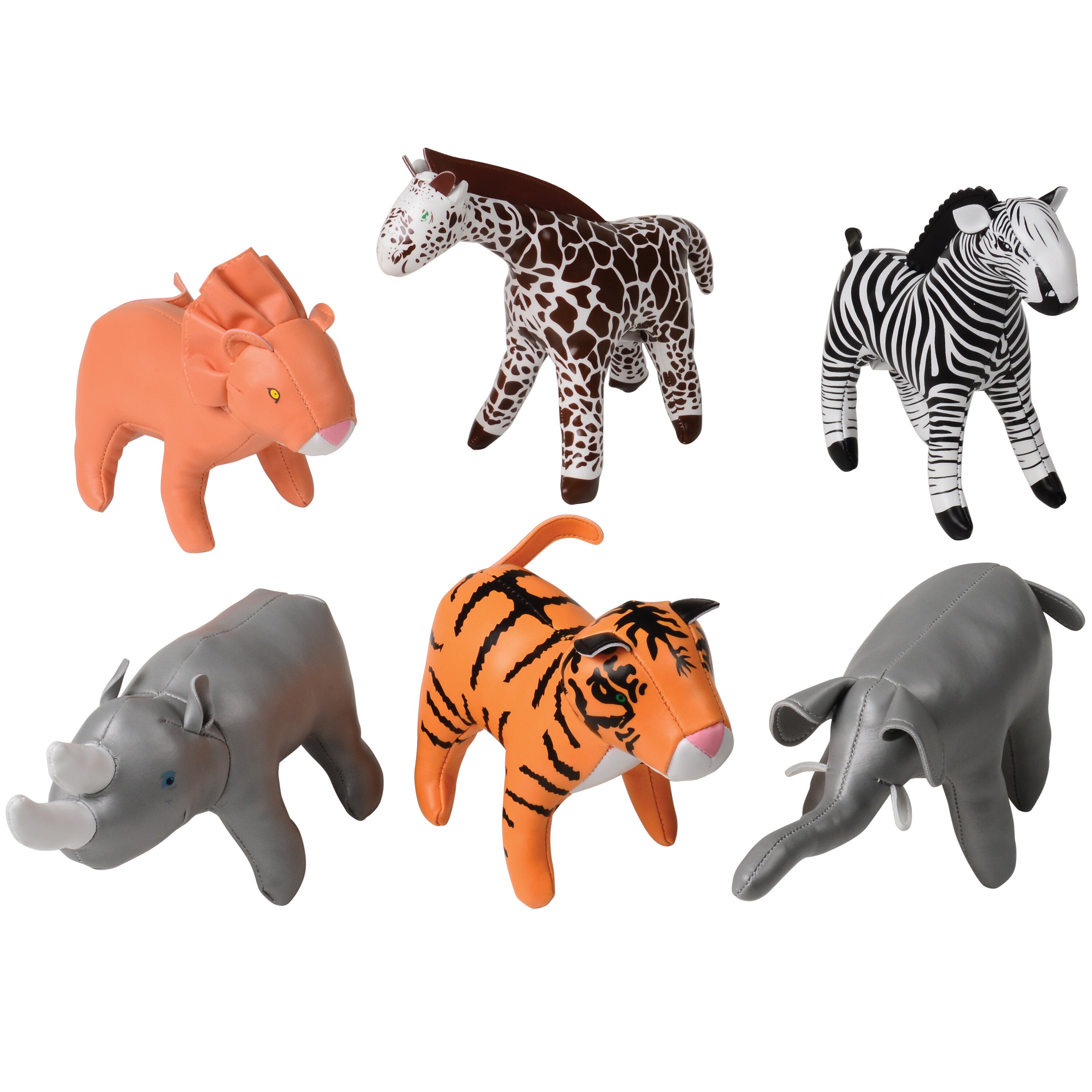 A set of six soft jungle animal figures including a lion, tiger, zebra, elephant, rhino, and giraffe, each in different shades of gray and patterns.
