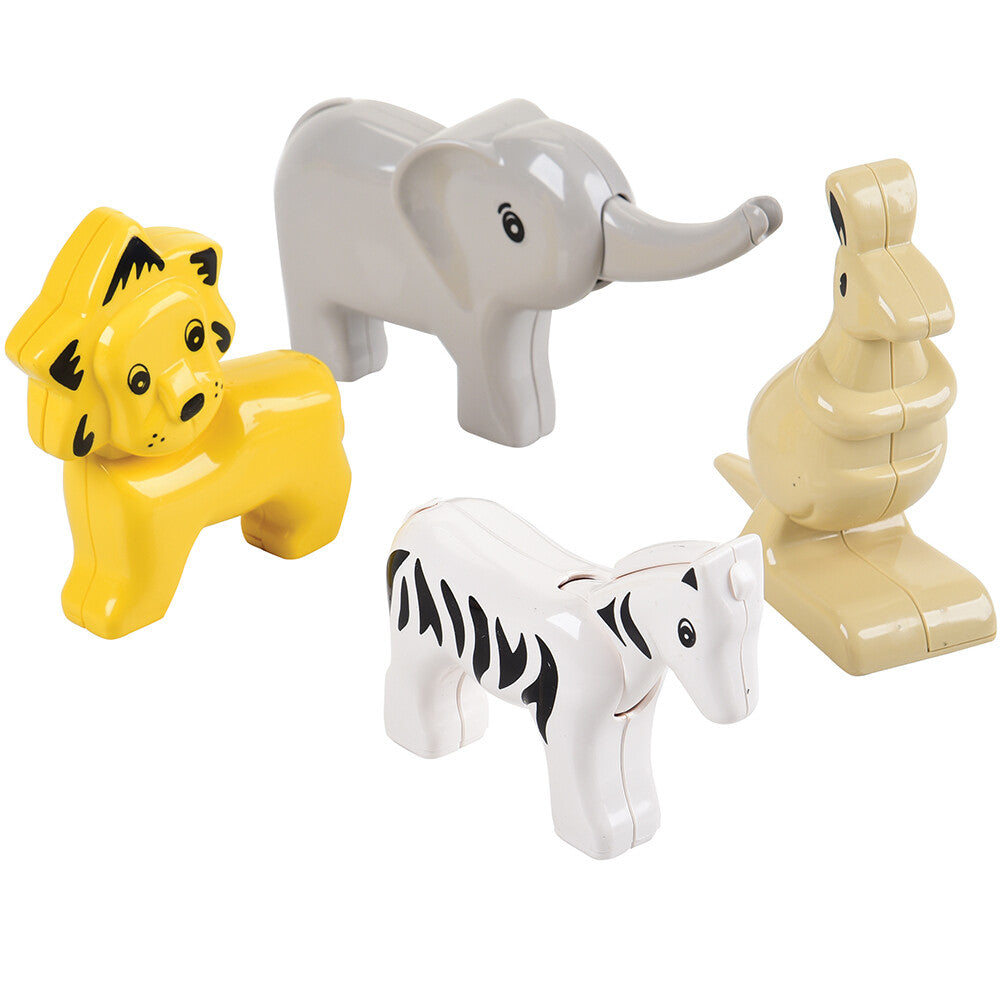 close-up of 4 animals for block play on white background